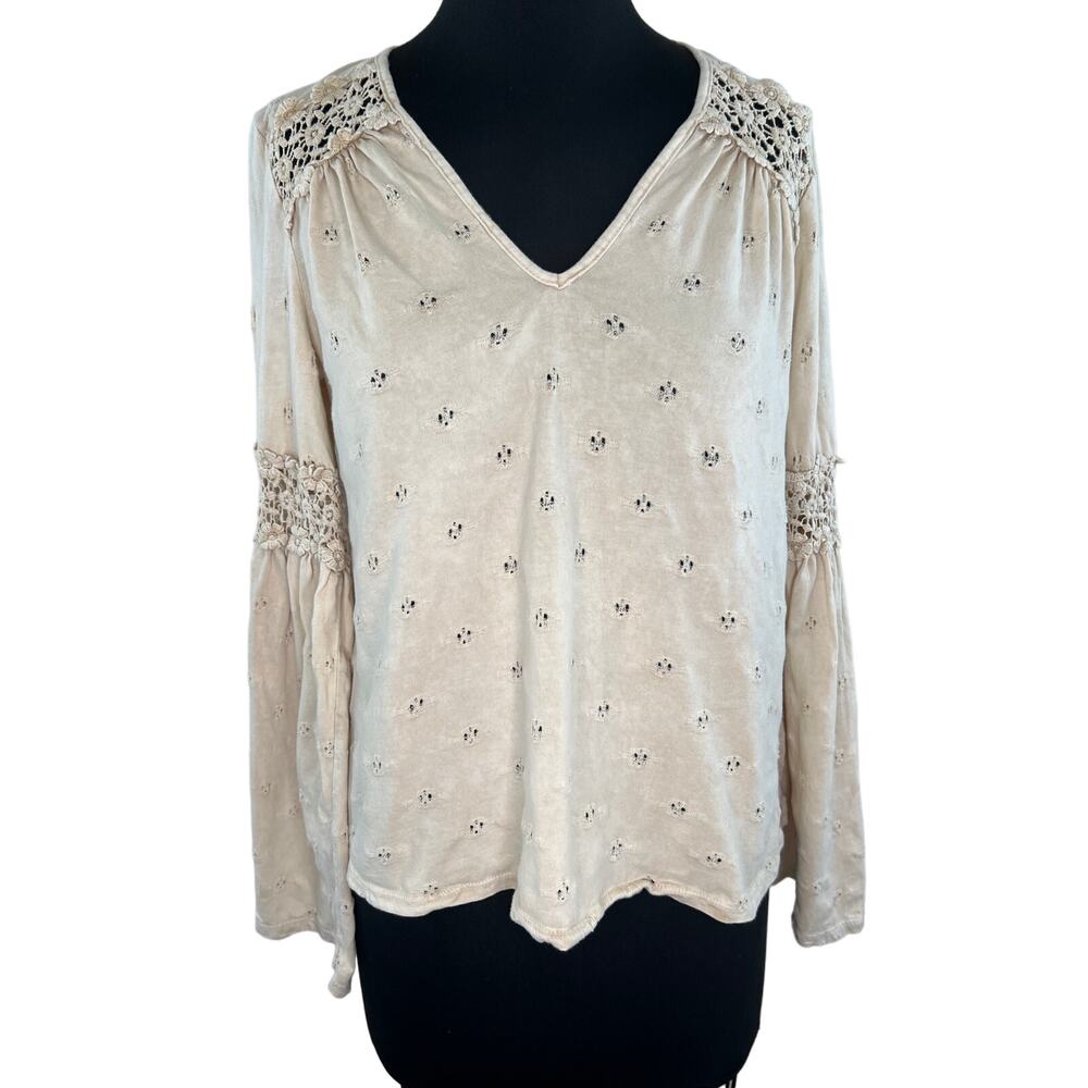 Eri + Ali Top Beige Pointelle Knit Crochet V-Neck Long Bell Sleeve Boho Top XS